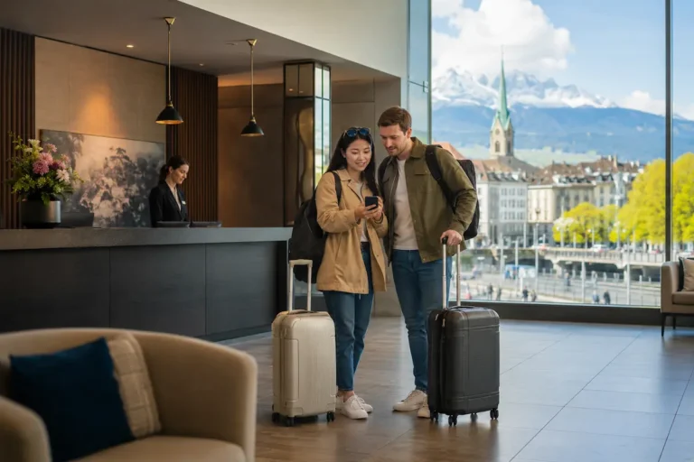 Travelers checking their accommodation details at a hotel in Switzerland