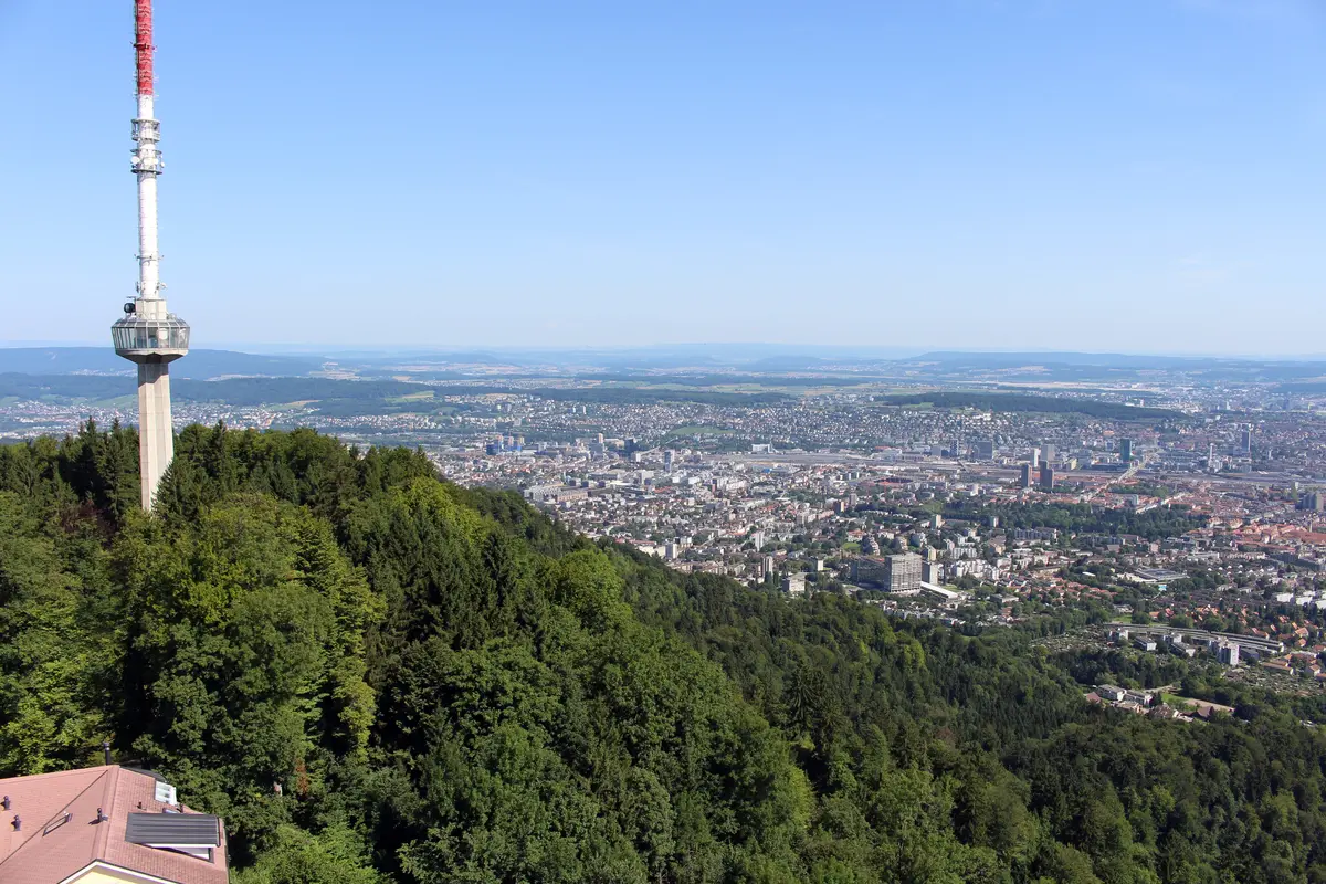 Uetliberg TV tower above the forest and Zurich