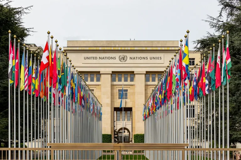 Flags framing the Palais des Nations at the United Nations Office in Geneva
