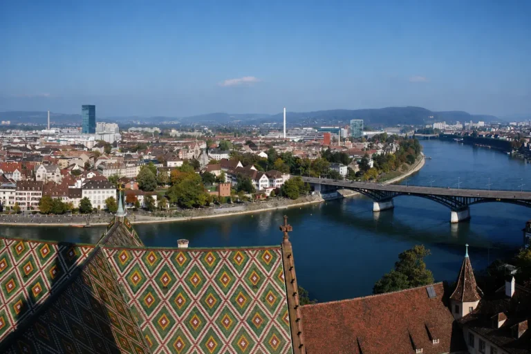 Panoramic view of Basel and the Rhine from above the Münster rooftops