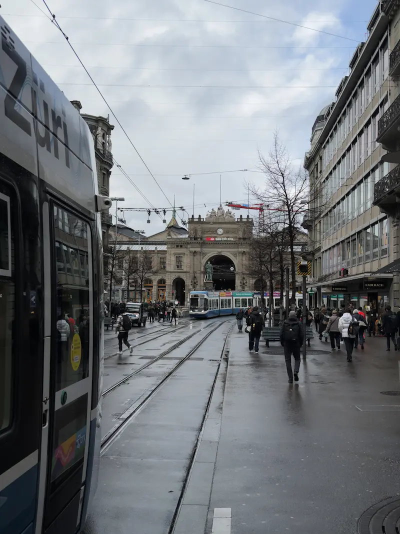 Bahnhofstrasse trams approaching Zurich Hauptbahnhof near Old Town