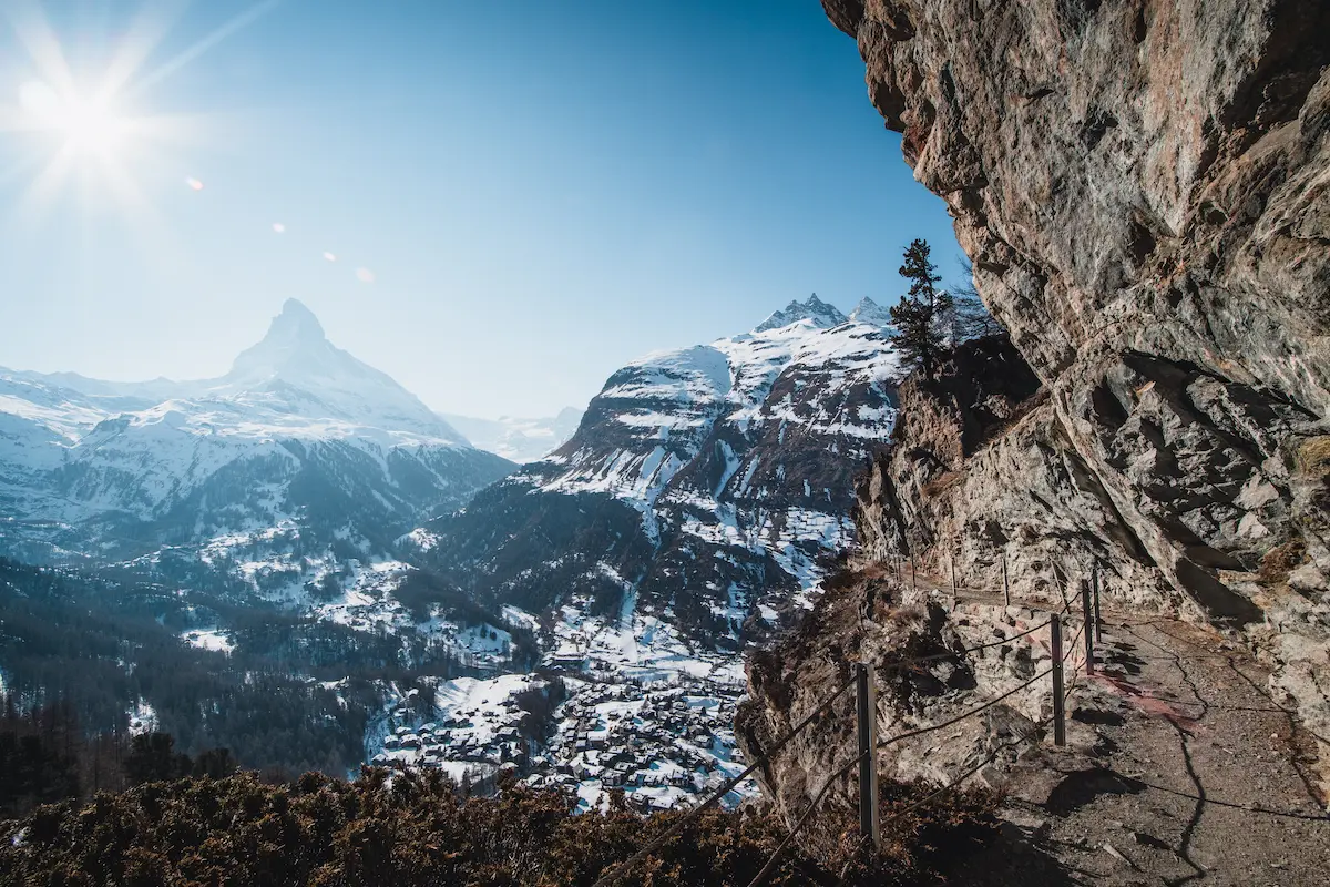 Zermatt village below the Matterhorn on a clear winter day