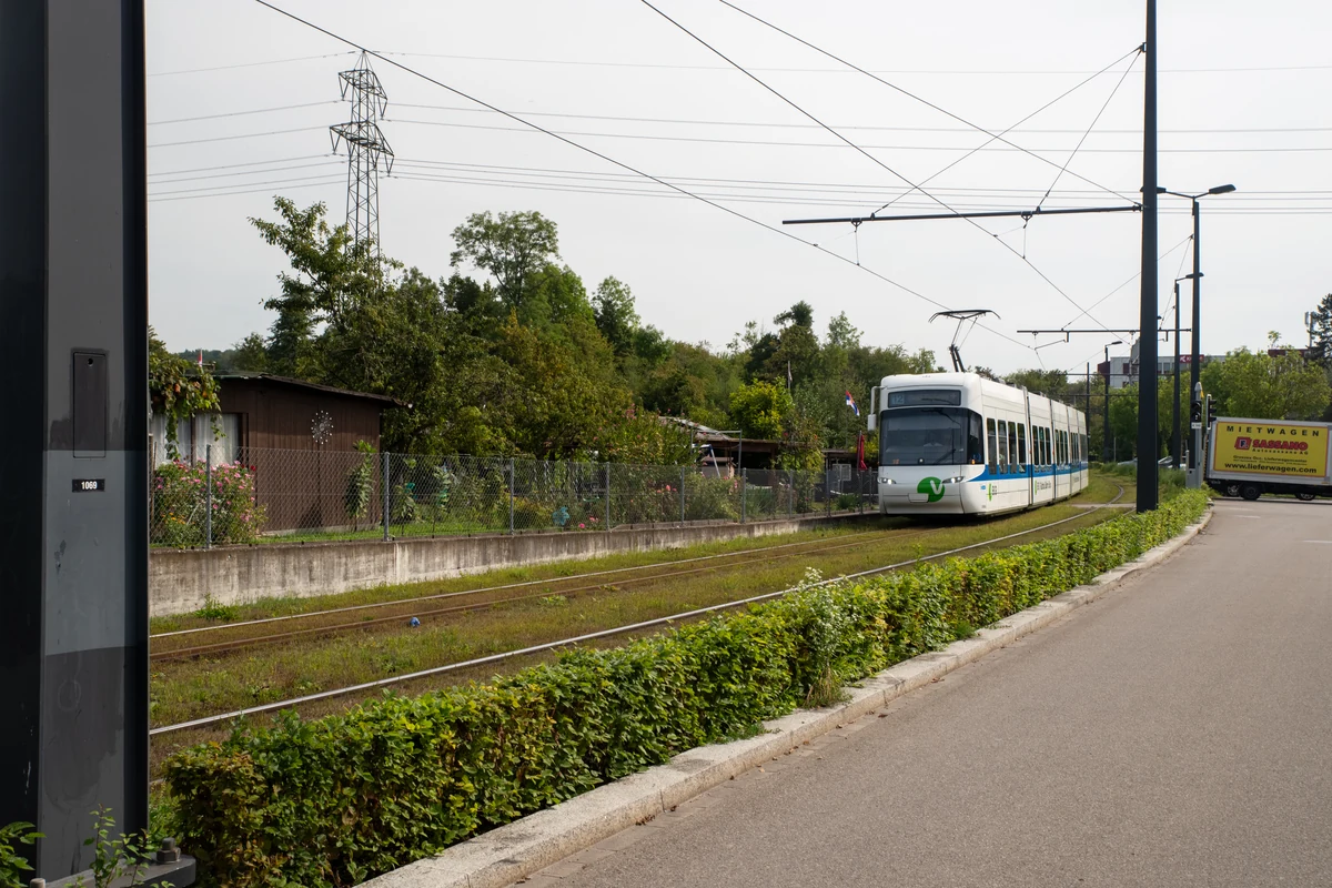 Tram 10 running through Zurich on the airport-to-city route