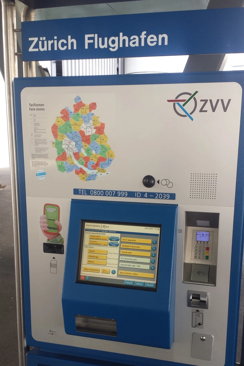 ZVV ticket machine at Zurich Airport for city-center fares