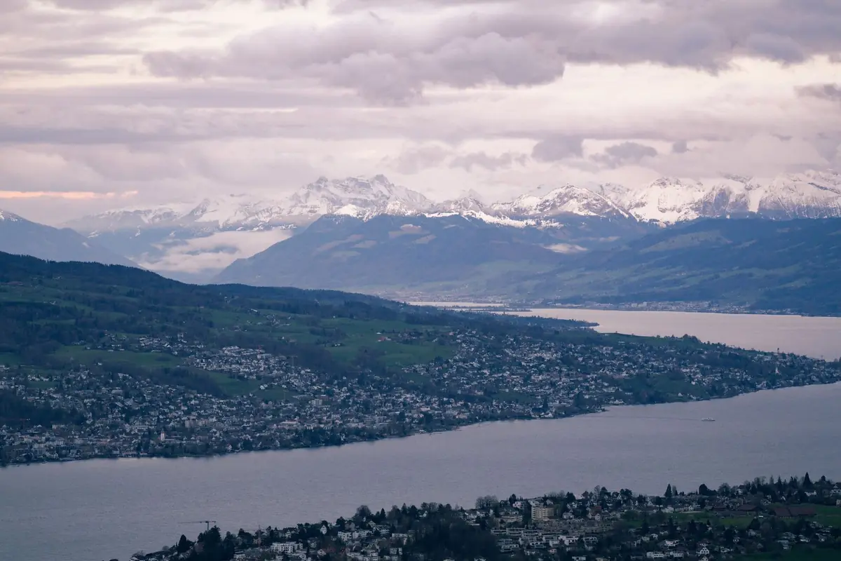 Panoramic view from Uetliberg over Lake Zurich and the Swiss Alps