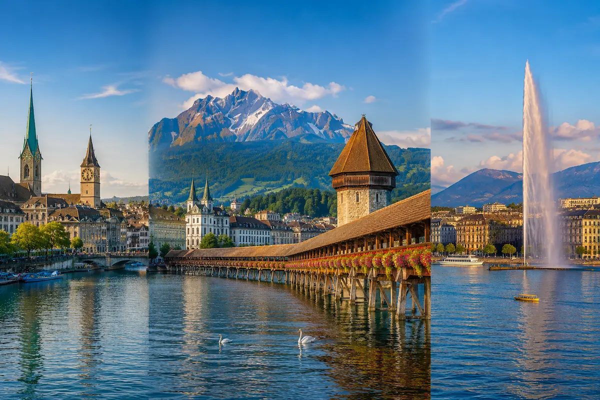 Wide editorial comparison of Zurich, Lucerne, and Geneva for a first trip to Switzerland
